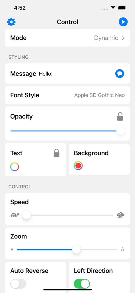 Customization screen showing styling and control options for an LED marquee sign.