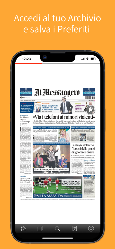 Il Messaggero app displaying a digital replica of the newspaper front page