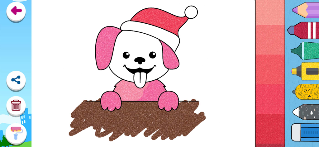 Kids Drawing, Doodle Painting - Eine digitale Malvorlage eines süßen Cartoon-Hundes mit Weihnachtsmütze, rosa Glitzereffekten und verschiedenen Zeichenwerkzeugen auf dem Bildschirm