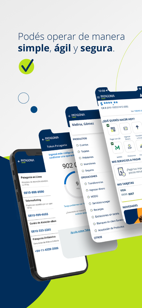 Patagonia Móvil - Schermate multiple dell'app bancaria Patagonia Móvil che mostrano la sua interfaccia moderna e funzionalità come l'integrazione MODO e il token di sicurezza