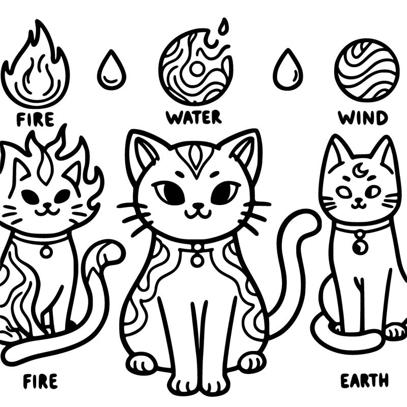 elemental cats, fire, and water and wind and earth