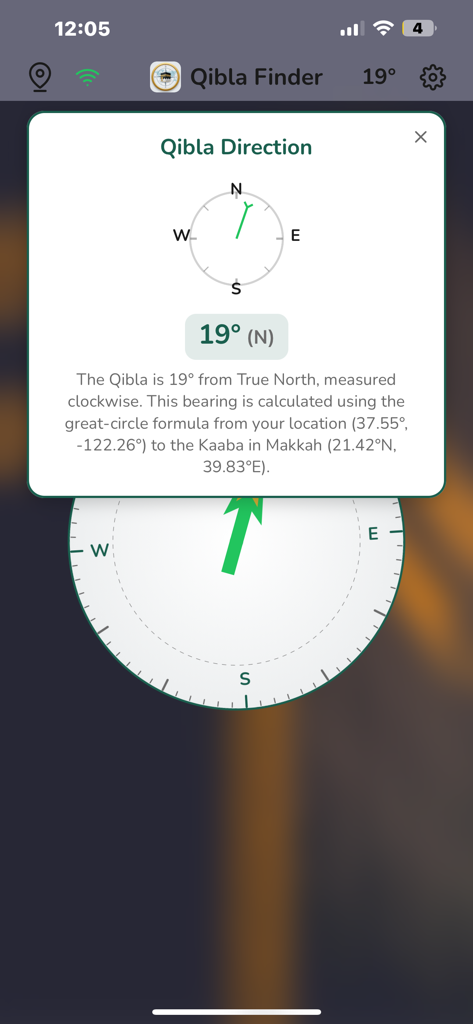 Qibla Finder One - Screenshot of Qibla Finder One app showing the calculated direction and bearing to the Kaaba from the user's location.