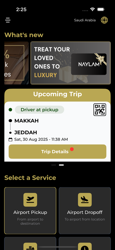 NAYLAM - NAYLAM mobile app interface displaying a scheduled luxury chauffeur trip and airport transfer services