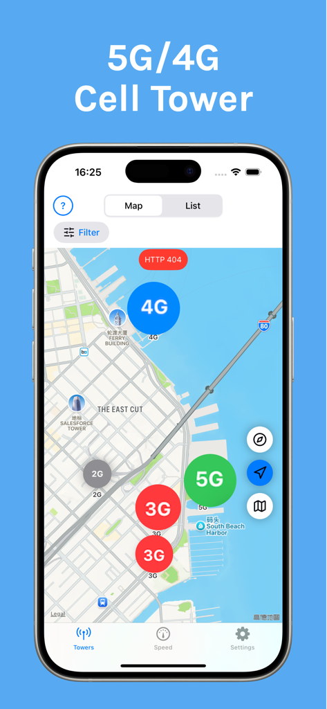 SignalSpot: Find Towers Near - SignalSpot app interface displaying a map with nearby 5G 4G and 3G cell towers marked with colored circles