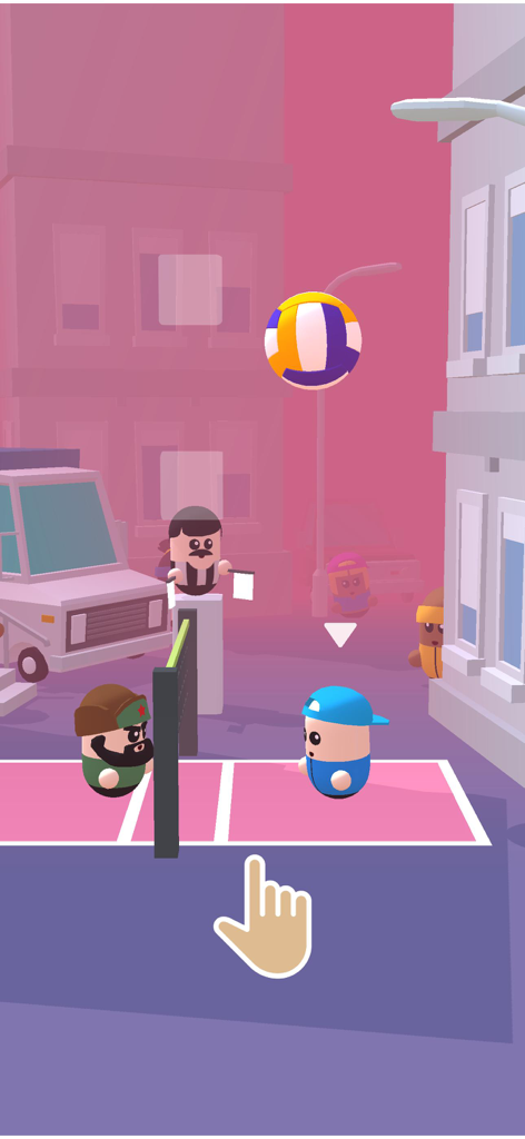 Volleyball Game - Volley Beans - 2人の可愛いビーンキャラクターが、タップ操作のハンドアイコン付きの都会のコートで1v1バレーボールをプレイしている