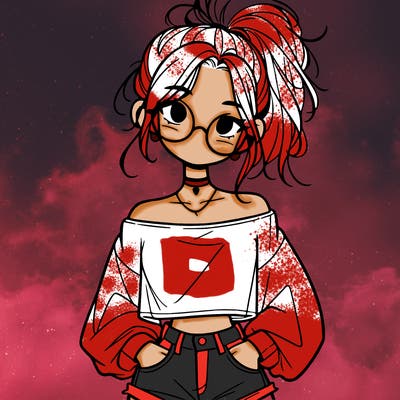 girl with a messy ponytail glasses a baggy crop top and jean shorts