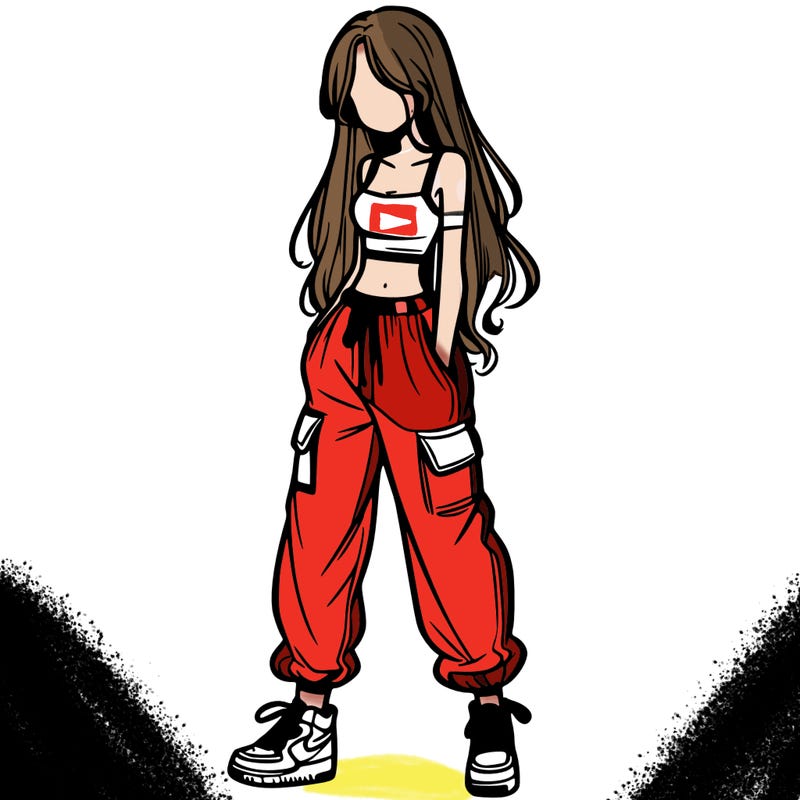 girl in baggy pants crop top and long hair