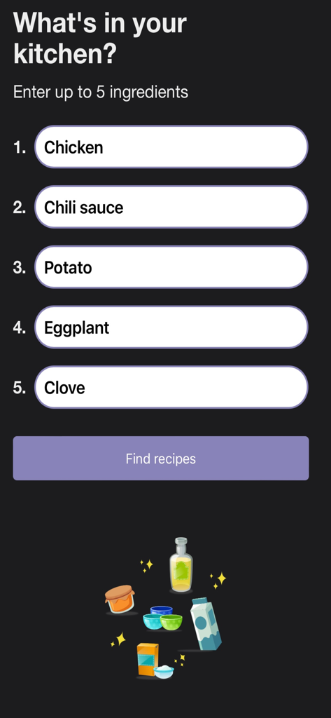 Recipe Builder - Empty Fridge - Interface of the Recipe Builder app showing five ingredients entered with a find recipes button