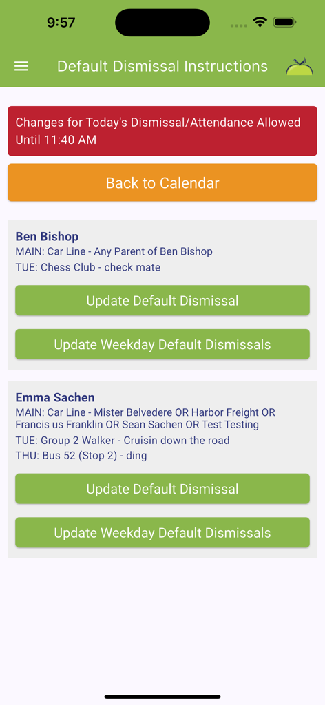 School Dismissal Manager (SDM) - School Dismissal Manager app screen showing student dismissal instructions and update buttons.