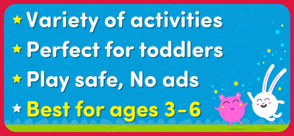 Werbegrafik für eine Kleinkind-Lern-App, die Hauptmerkmale wie werbefreie Sicherheit, eine Vielzahl von Aktivitäten und ein Zielalter von 3 bis 6 Jahren zeigt.