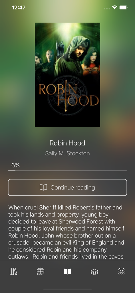 Auri - Read Books in Original - Interfaz de la aplicación Auri que muestra detalles del libro Robin Hood con un botón de continuar leyendo y una barra de progreso