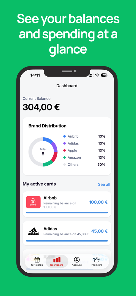 Gift Card Manager - Dashboard of the Gift Card Manager app showing total balance and gift card spending distribution by brand