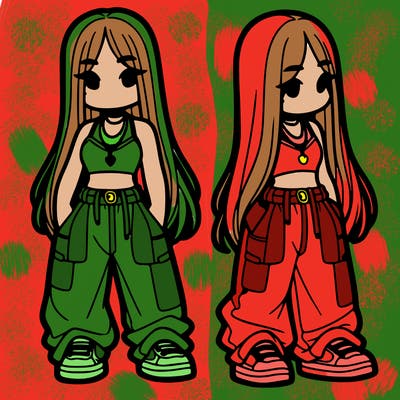 girl in baggy pants crop top and long hair