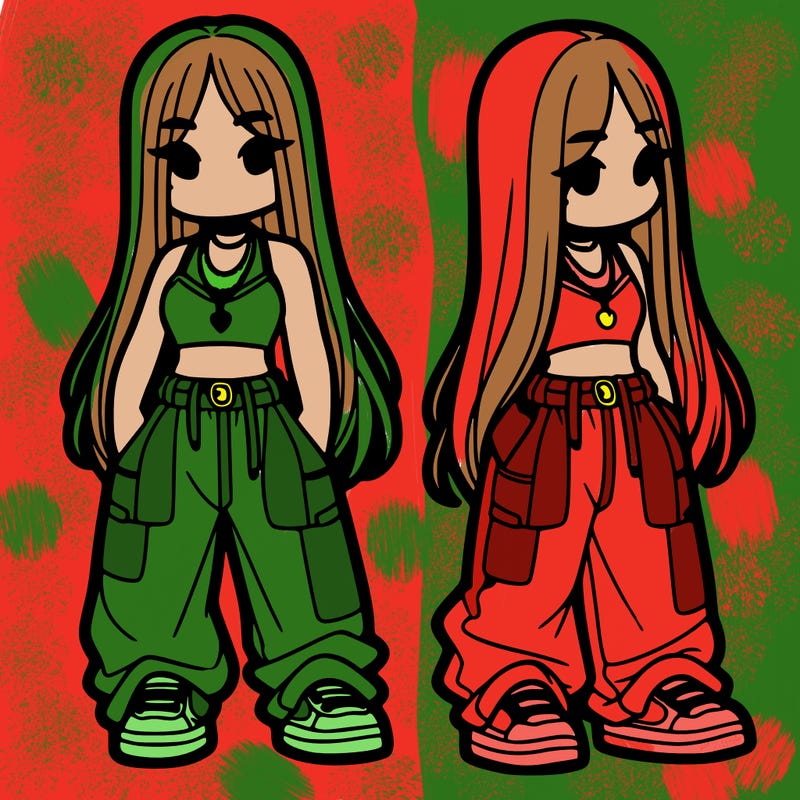 girl in baggy pants crop top and long hair