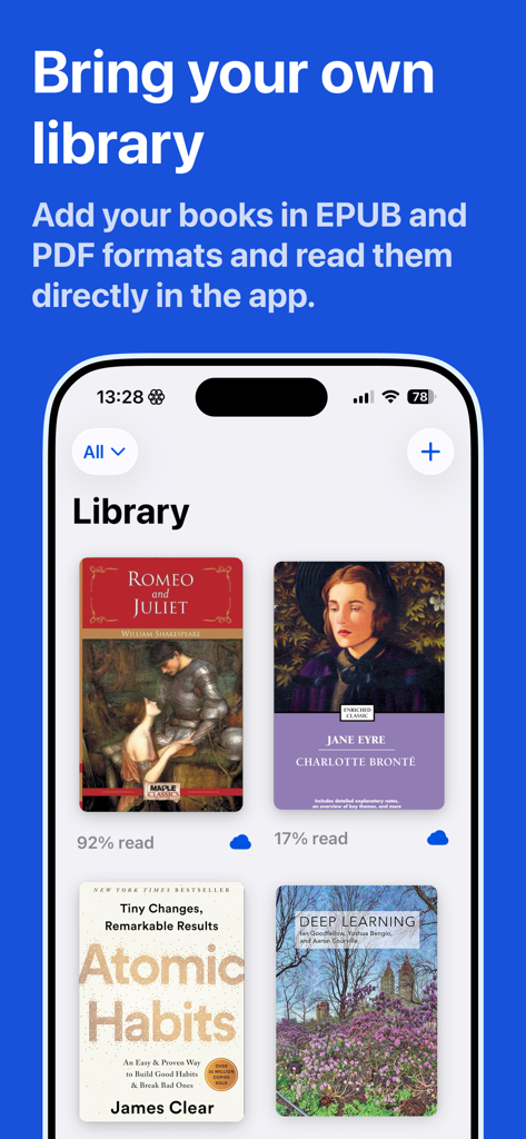Readgio app library interface showing imported EPUB and PDF book covers with reading progress tracking