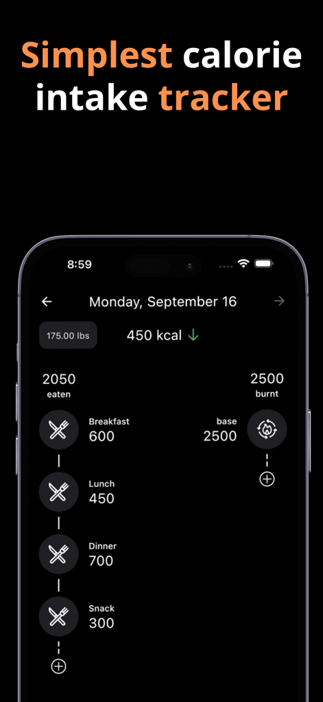 Calorie Intake Tracker - Interfaz minimalista de la aplicación Fitpo que muestra un registro diario de calorías para desayuno, almuerzo y cena, y la quema calórica total diaria