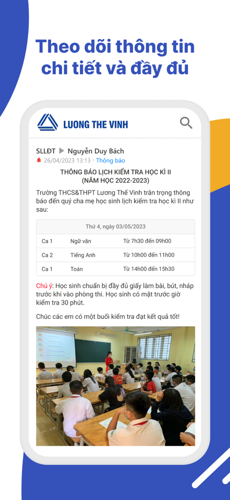 My LTV - The My LTV app interface showing a school announcement about an upcoming exam schedule with a classroom photo