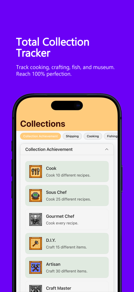 Stardew Guide & Tracker - Pantalla de seguimiento de colecciones de la aplicación Guía y Rastreador de Stardew que muestra el progreso de los logros de cocina y artesanía