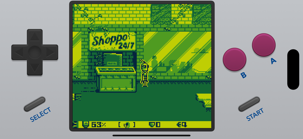 SameBoy emulator interface on iOS showing a classic green-tinted retro game