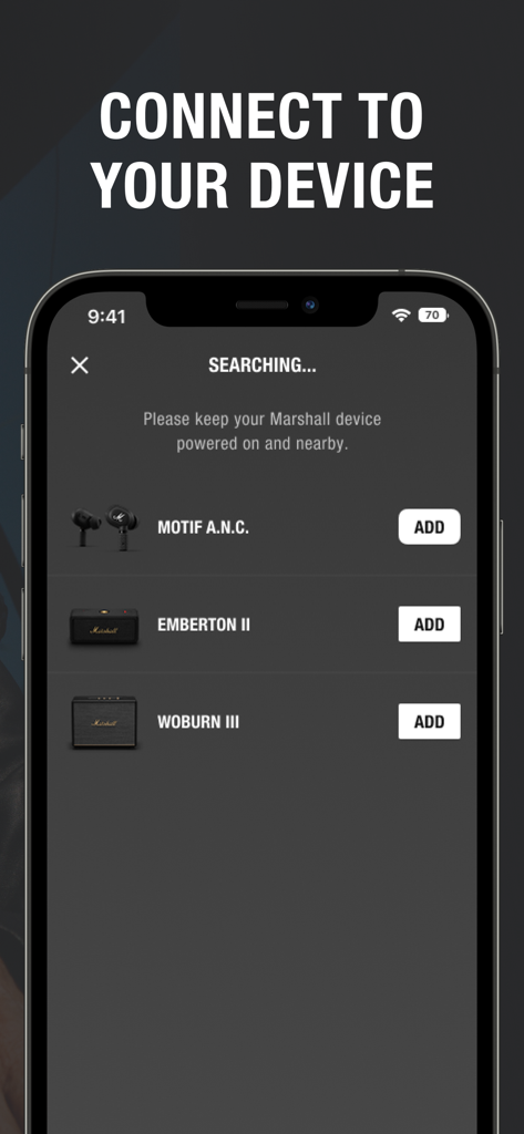 Marshall Bluetooth - Marshall Bluetooth app searching for and connecting audio devices