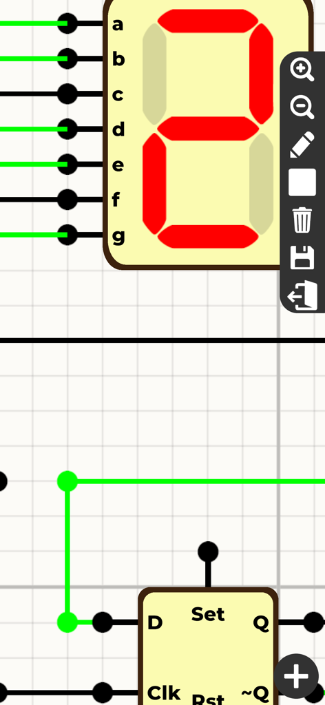 Logic Circuit Simulator Pro - Interfaccia di Logic Circuit Simulator Pro con un display a sette segmenti e un flip-flop D.