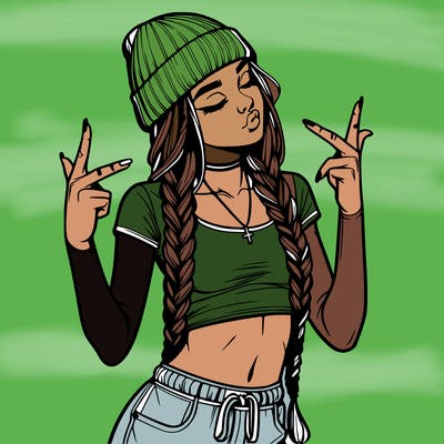 realistic teenage girl with braids and a beanie and crop top doing 🫶🏼