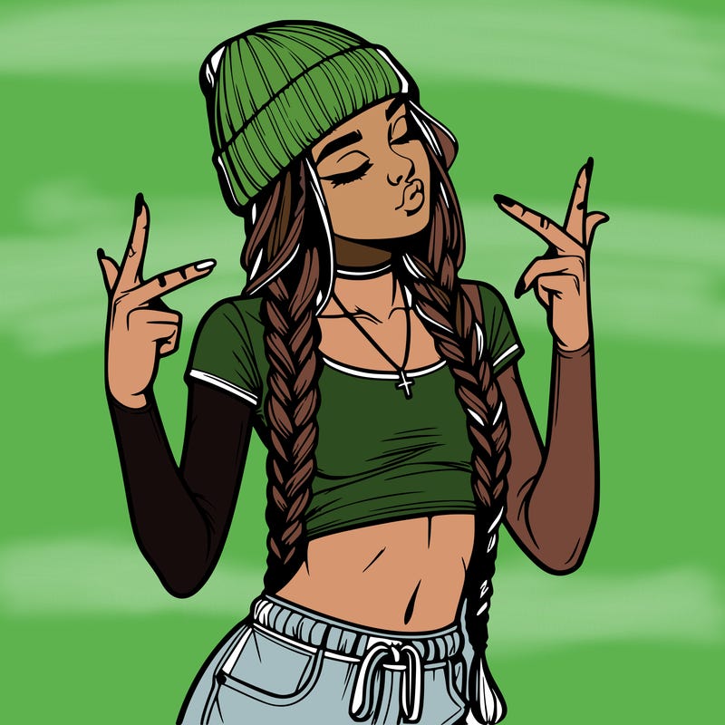 realistic teenage girl with braids and a beanie and crop top doing 🫶🏼