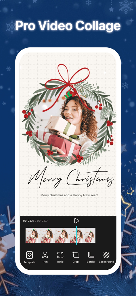 L'interface de l'application PhotoGrid présente un montage vidéo sur le thème de Noël, réalisé avec des outils de montage professionnels comme le découpage et le recadrage.