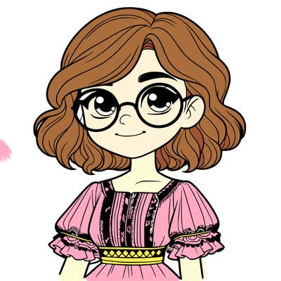 one girl with medium short hair, which are wavy. she has round glasses. she wears a latina outfit.