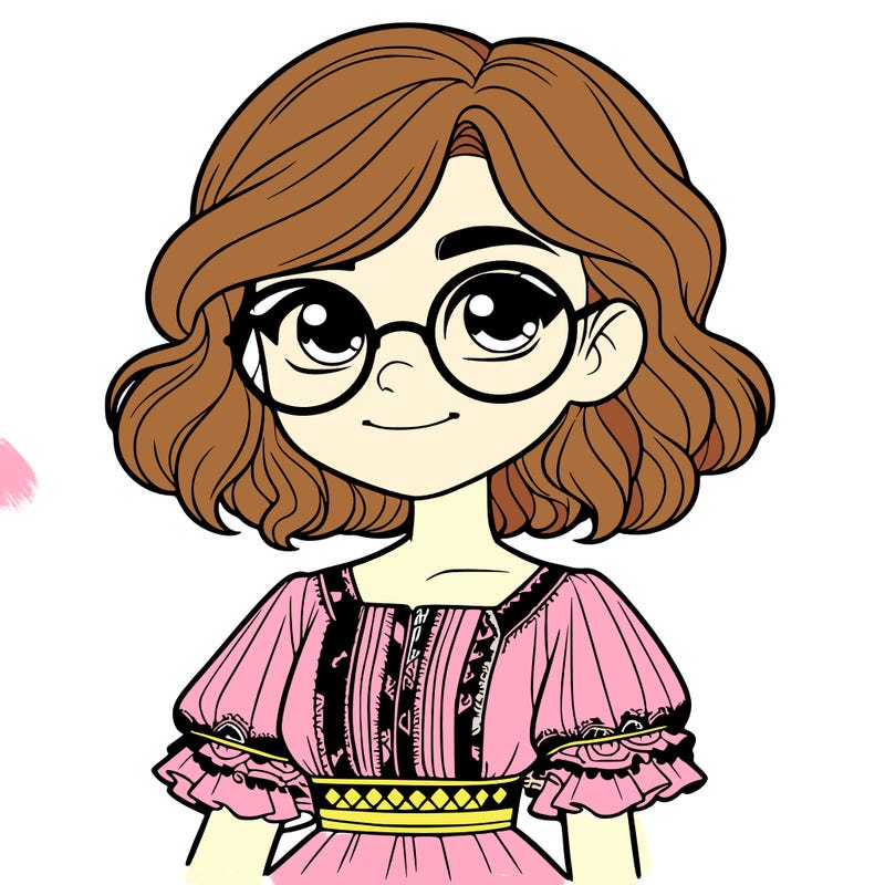 one girl with medium short hair, which are wavy. she has round glasses. she wears a latina outfit.