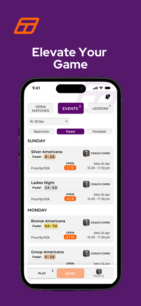 Trinity Courts - Trinity Courts mobile app displaying upcoming padel events like Ladies Night and group sessions with coach details and booking options.