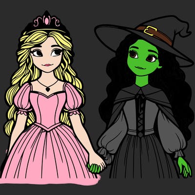 a princess and a witch holding hands realistic