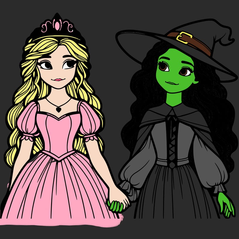 a princess and a witch holding hands realistic