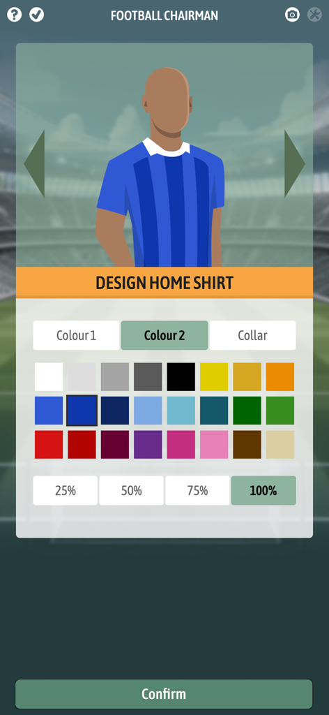 Football Chairman Pro 2 - A screen in Football Chairman Pro 2 showing options to design and customize the football club home shirt with a color palette.