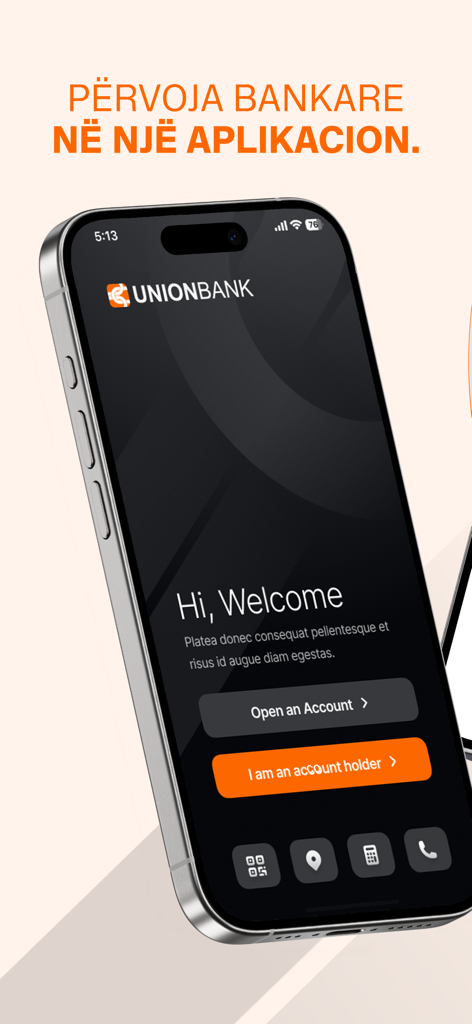 Union Bank Business mobile app welcome screen on an iPhone showing login and account opening options