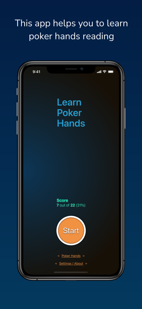 Poker Hands Quiz - Pantalla de inicio de la aplicación Quiz de Manos de Póker en un iPhone que muestra el botón de inicio y la puntuación del usuario