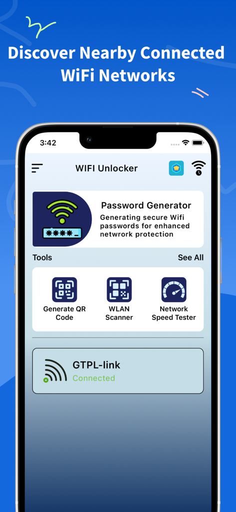 WiFi Password Finder app interface showing network tools and connected WiFi status