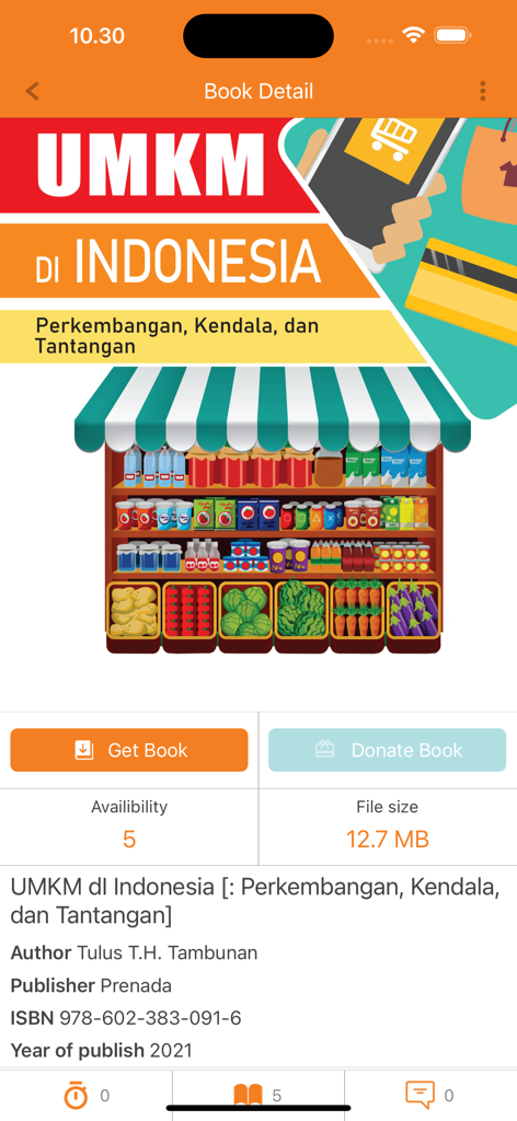 iJakarta - Book detail page in the iJakarta app for a title about Indonesian MSMEs with download and donate options.