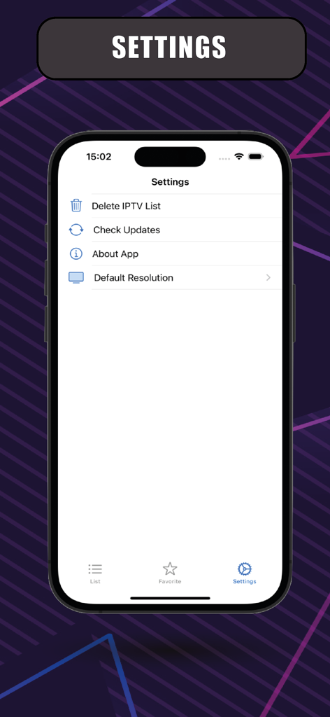 IPTV iSTB - Settings screen of the IPTV iSTB app showing options to delete lists, check for updates, and adjust default resolution.