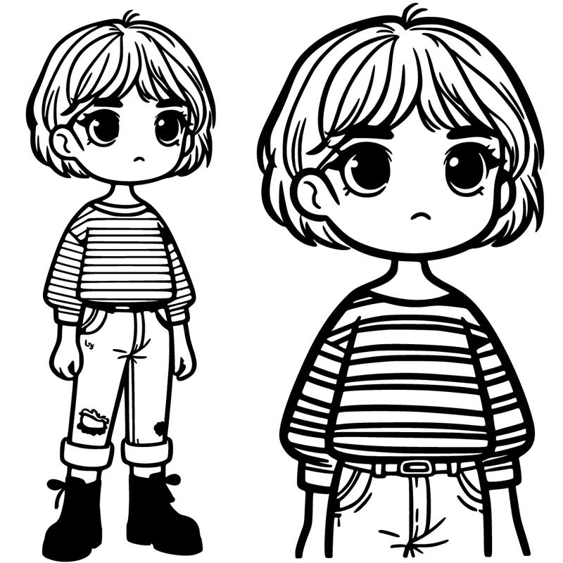 a girl with short hair, a striped shirt, jeans and boots