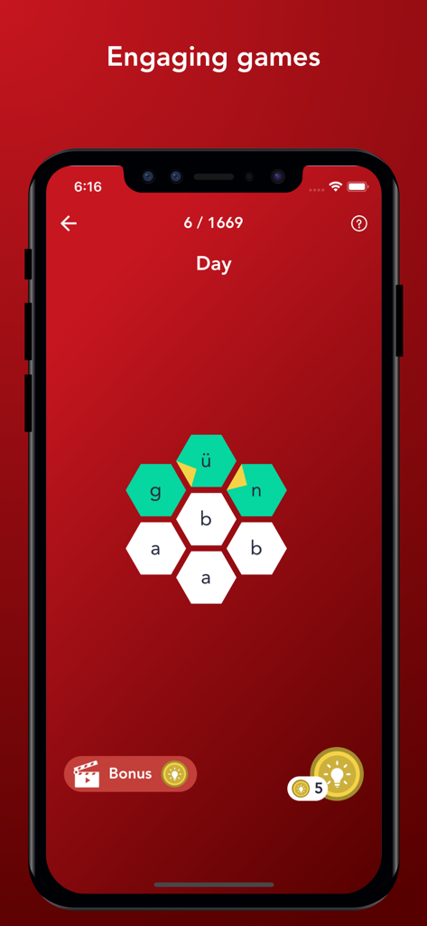 Tobo: Learn Turkish Vocabulary - A word puzzle game in the Tobo Turkish learning app where users spell the word for Day using hexagonal letter tiles