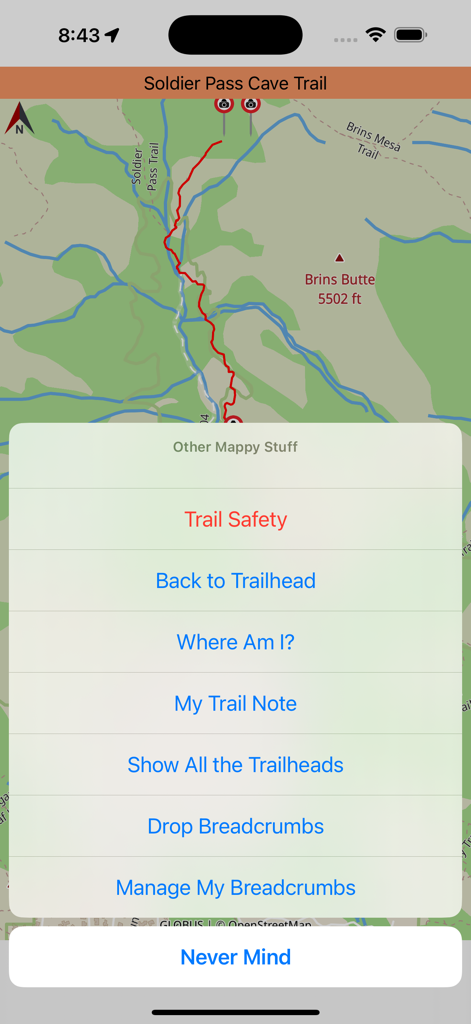 Sedona Hiking app showing the Soldier Pass Cave Trail map and a menu with safety and navigation tools