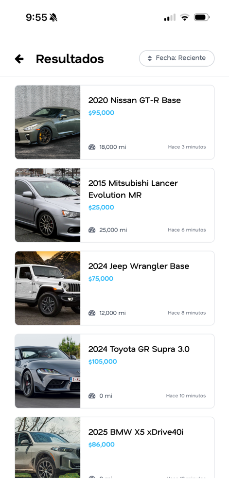 Autory - Autoryのモバイルアプリ画面。車の写真、ドルでの価格、走行距離が表示された車両検索結果のリストが表示されます。