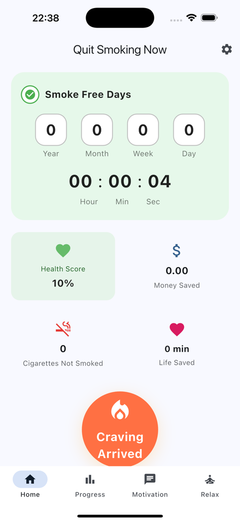 Dashboard of the Quit Smoking app showing a smoke free time counter health score and money saved tracker