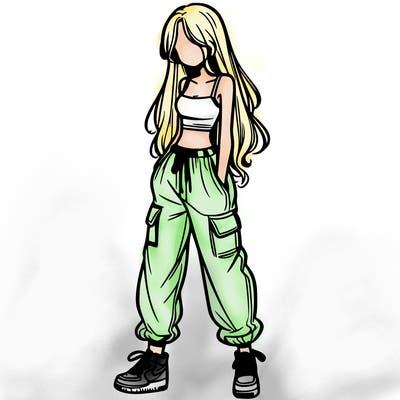 girl in baggy pants crop top and long hair