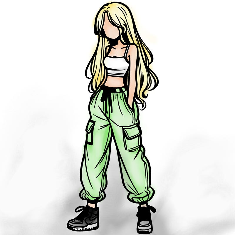 girl in baggy pants crop top and long hair