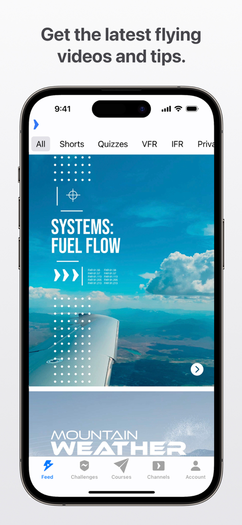 Boldmethod - Screenshot of the Boldmethod app feed featuring aviation training videos on fuel flow and mountain weather for pilots.