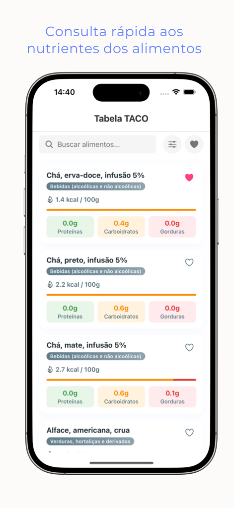 Taco Tabela - Taco Tabela app interface showing food nutritional values for calories proteins carbohydrates and fats