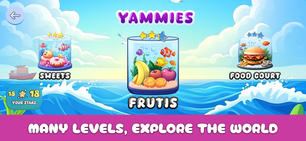Letters Catch: Alphabet Games - Level selection menu in Letters Catch showing Sweets, Fruits, and Food Court learning modules.