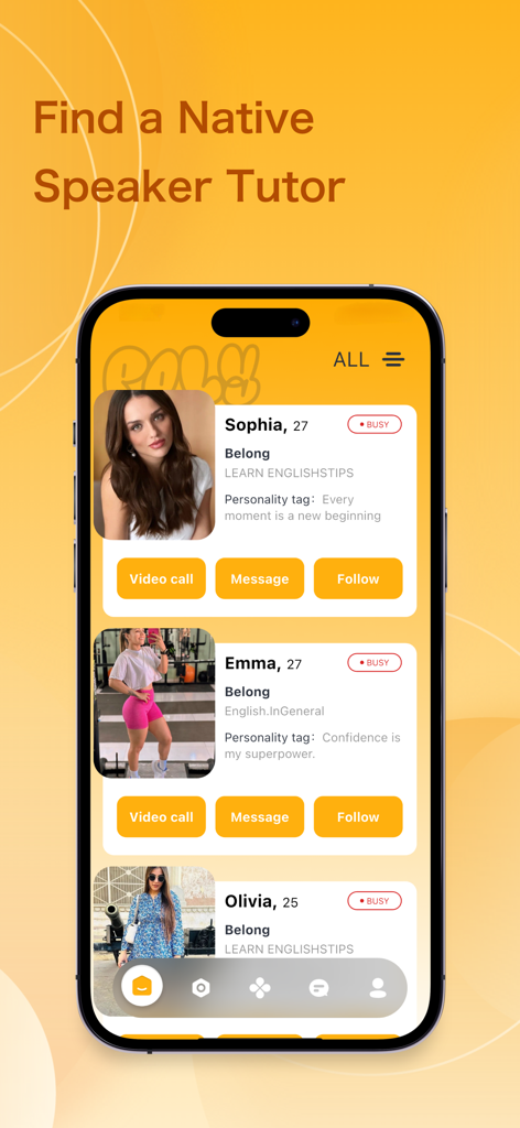 PolyChat - Chat with Natives - A mobile interface for PolyChat showing a list of native speaker tutors with options for video calls and messaging